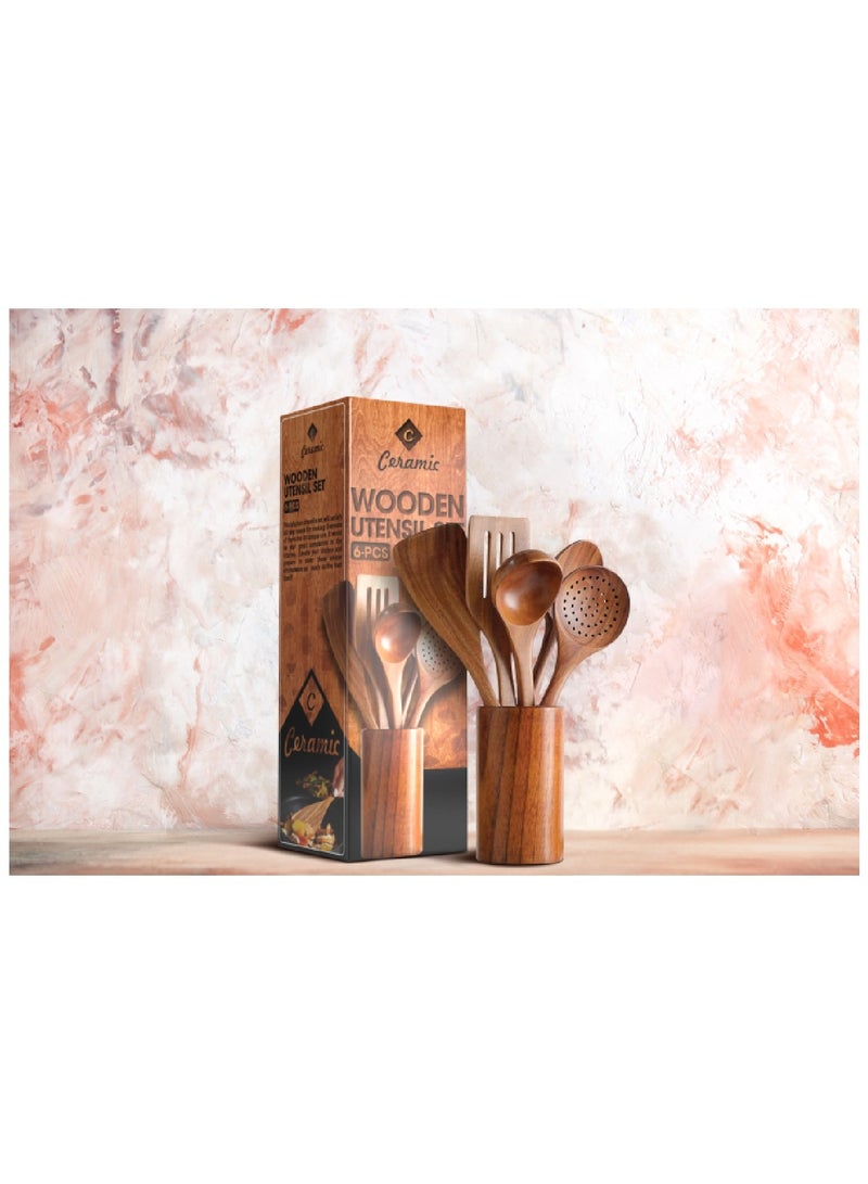 CERAMIC Wooden Kitchen Cooking Utensils 6 PCS Teak Wooden Spoons and Spatula for Cooking Sleek and Non-stick Cookware - Image 3